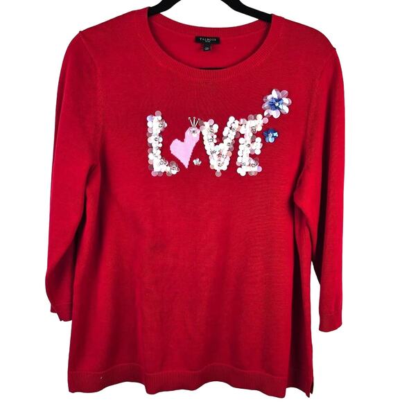 Talbots Petites Sweater Women's Lp Poppy Red Love Bead Sequin Rhinestone Career - Picture 1 of 11